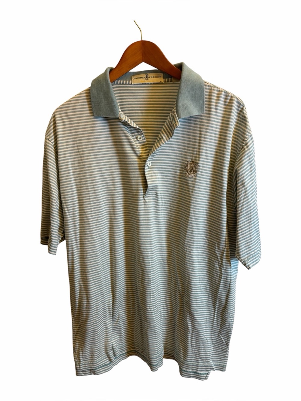 Fairway & Greene Mens Large Blue White Stripe Golf Polo Shirt Bald Peak Club Emb